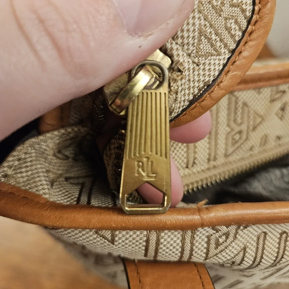 Vintage‎ Lauren Ralph Lauren Tan Signature Jacquard Leather Shopper Tote Bag